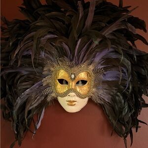 Gold Venetian Feather Mask with Black & Purple Plumes
